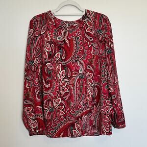 J. Jill Womens Paisley Layered Blouse Size Medium Boho Red Long Sleeve Career